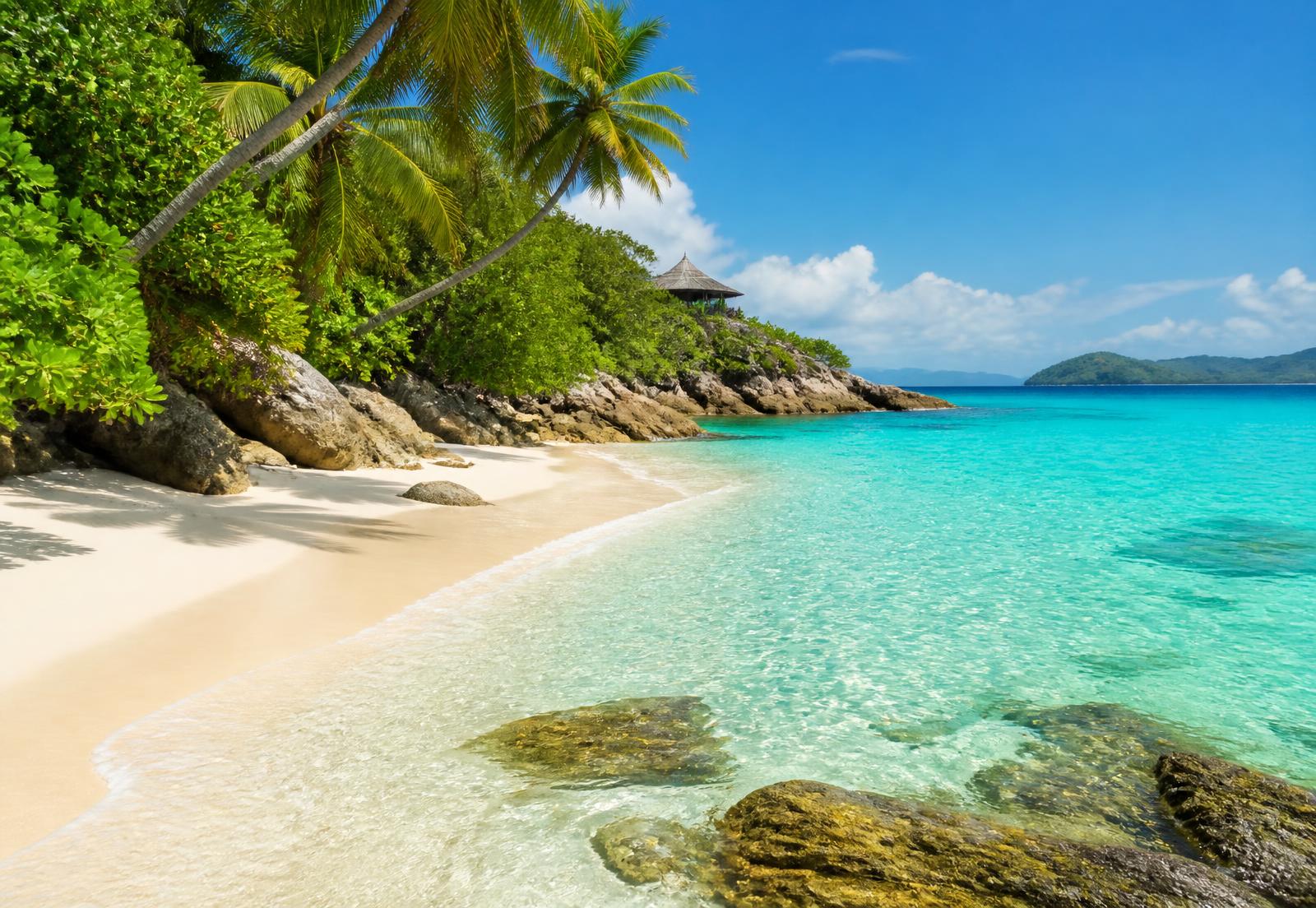 Secluded turquoise cove with pale sand and leaning palms along the property's coastline