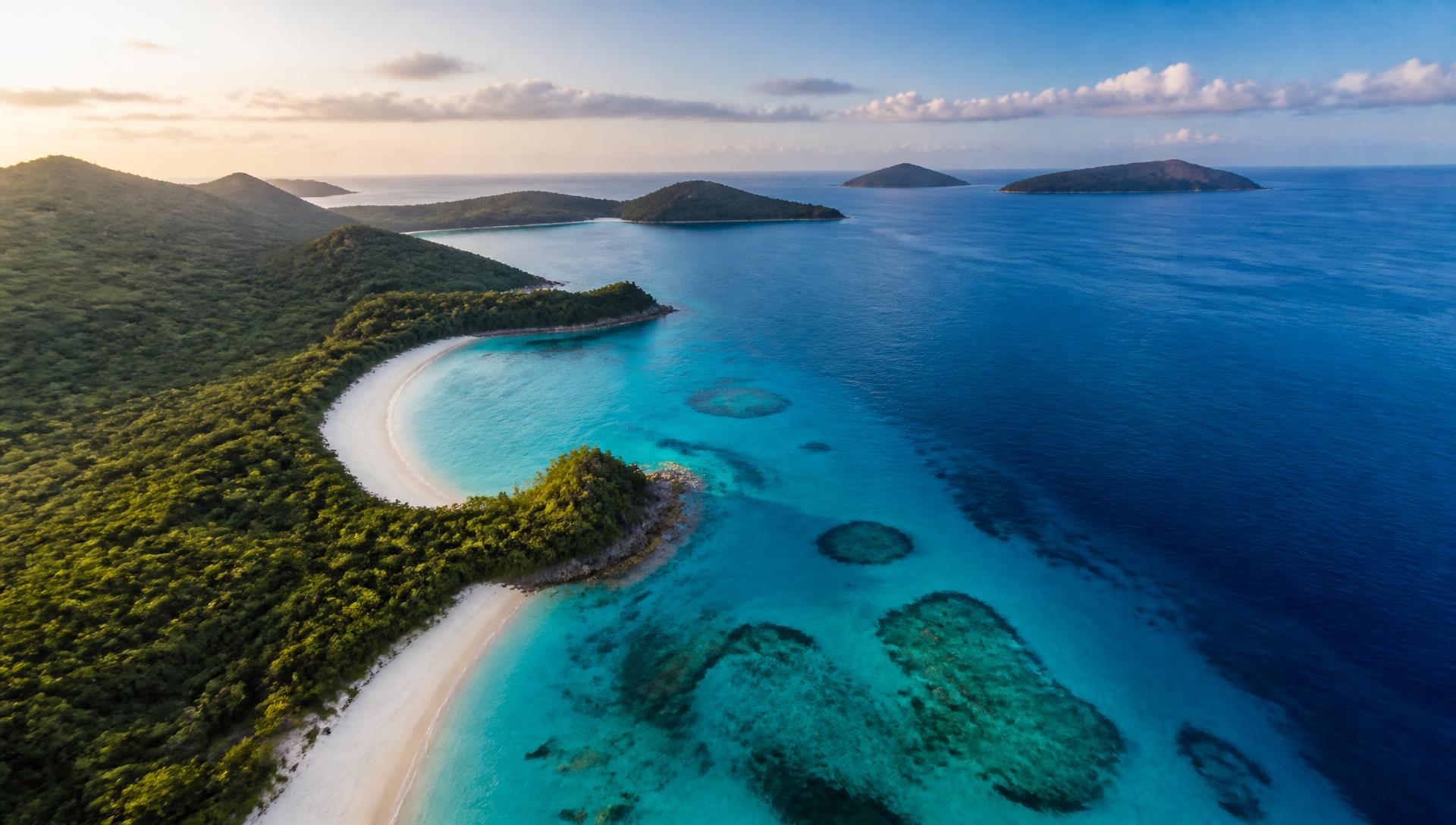 Aerial view of the unspoiled Cabrera coastline with turquoise water and jungle headlands