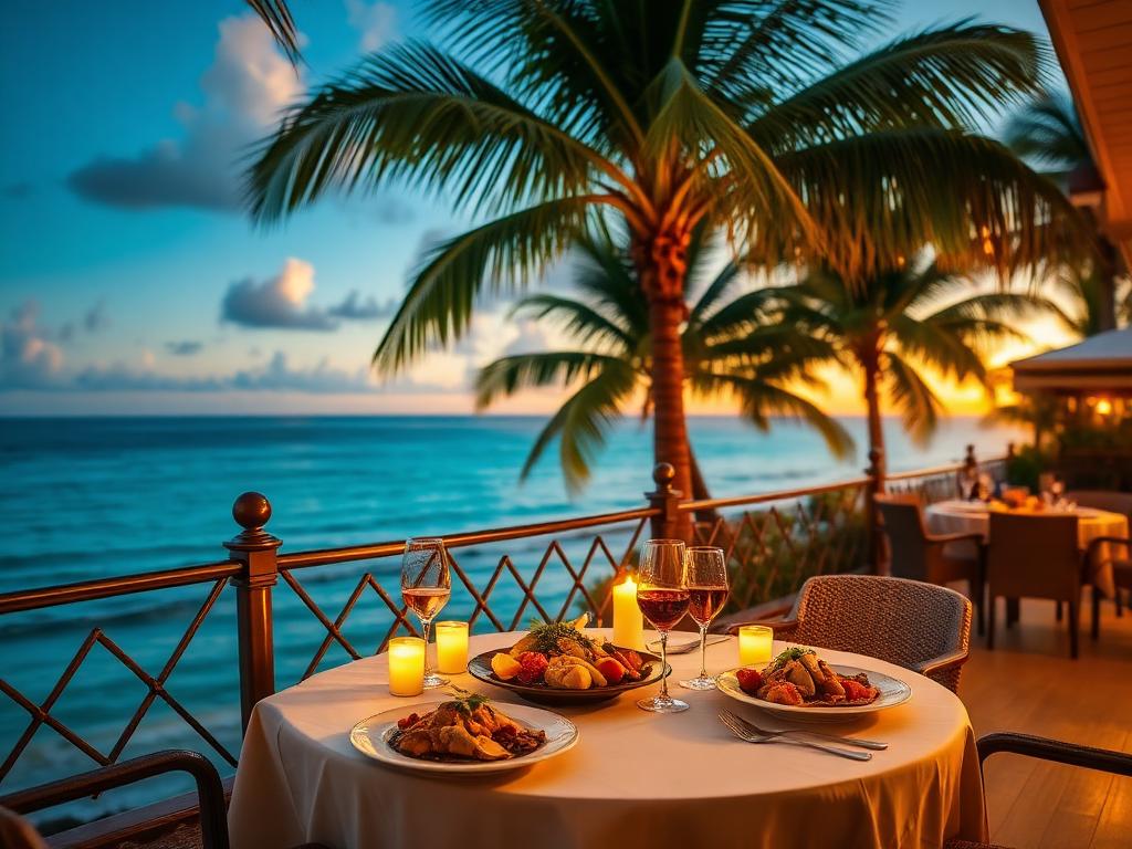 Elegant outdoor dining terrace overlooking the ocean at sunset
