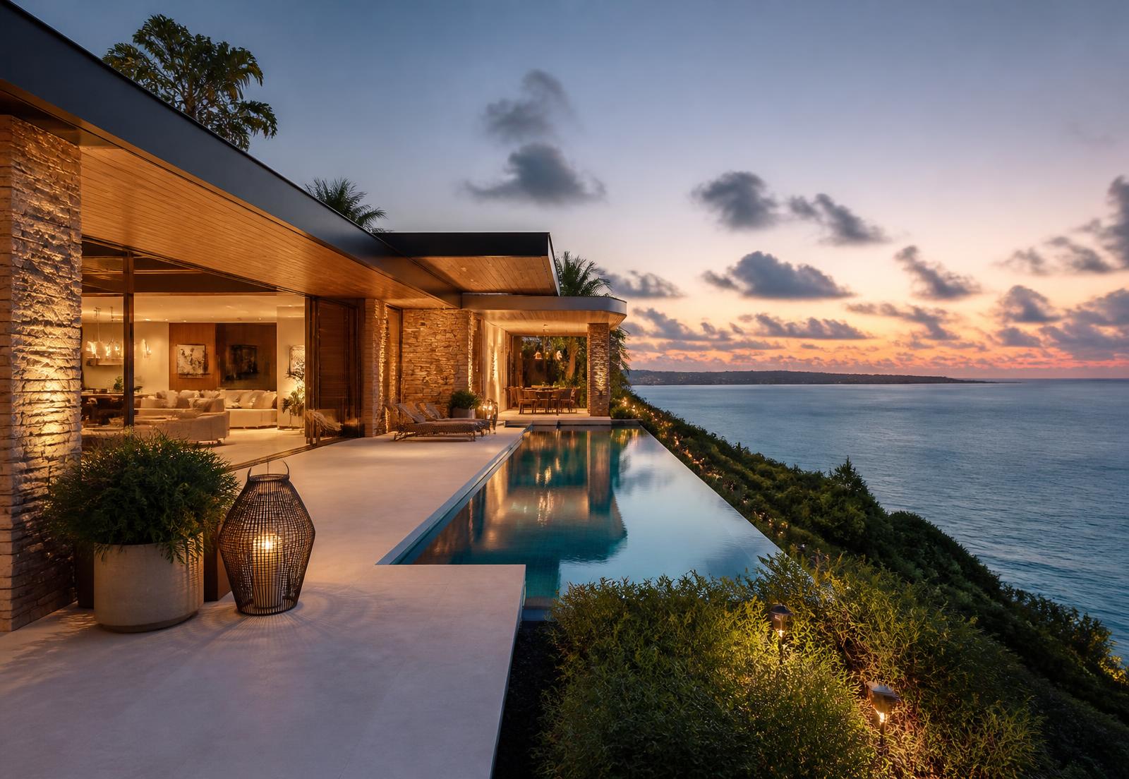 Architectural inspiration for a cliffside villa with infinity pool above the Caribbean sea at dusk