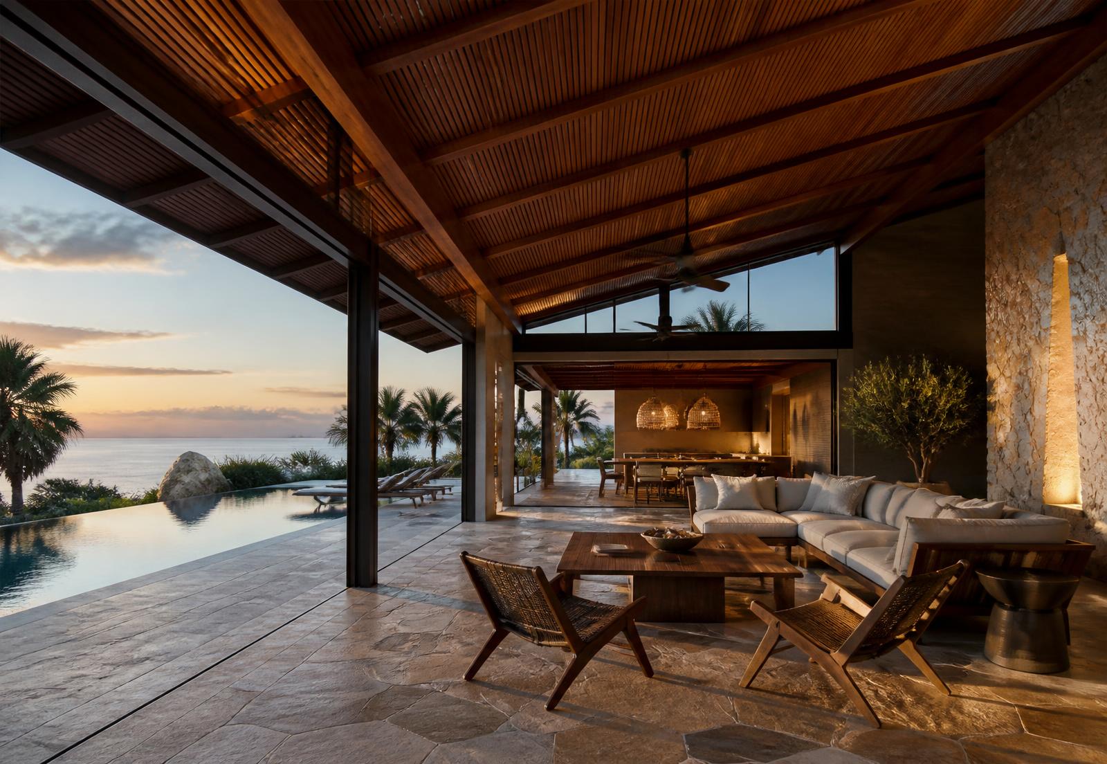 Architectural inspiration for an open-air pavilion residence with timber ceiling and ocean view