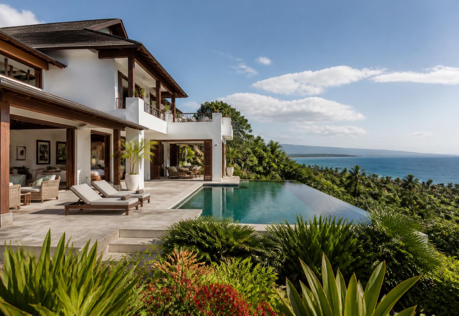 Elegant tropical hillside home nestled among palms with ocean views at Cabrera