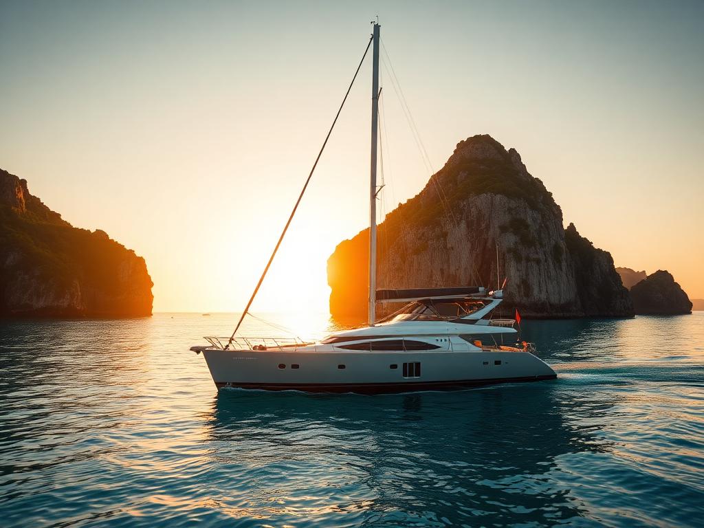 Luxury sailboat on calm turquoise water at golden hour near dramatic cliffs