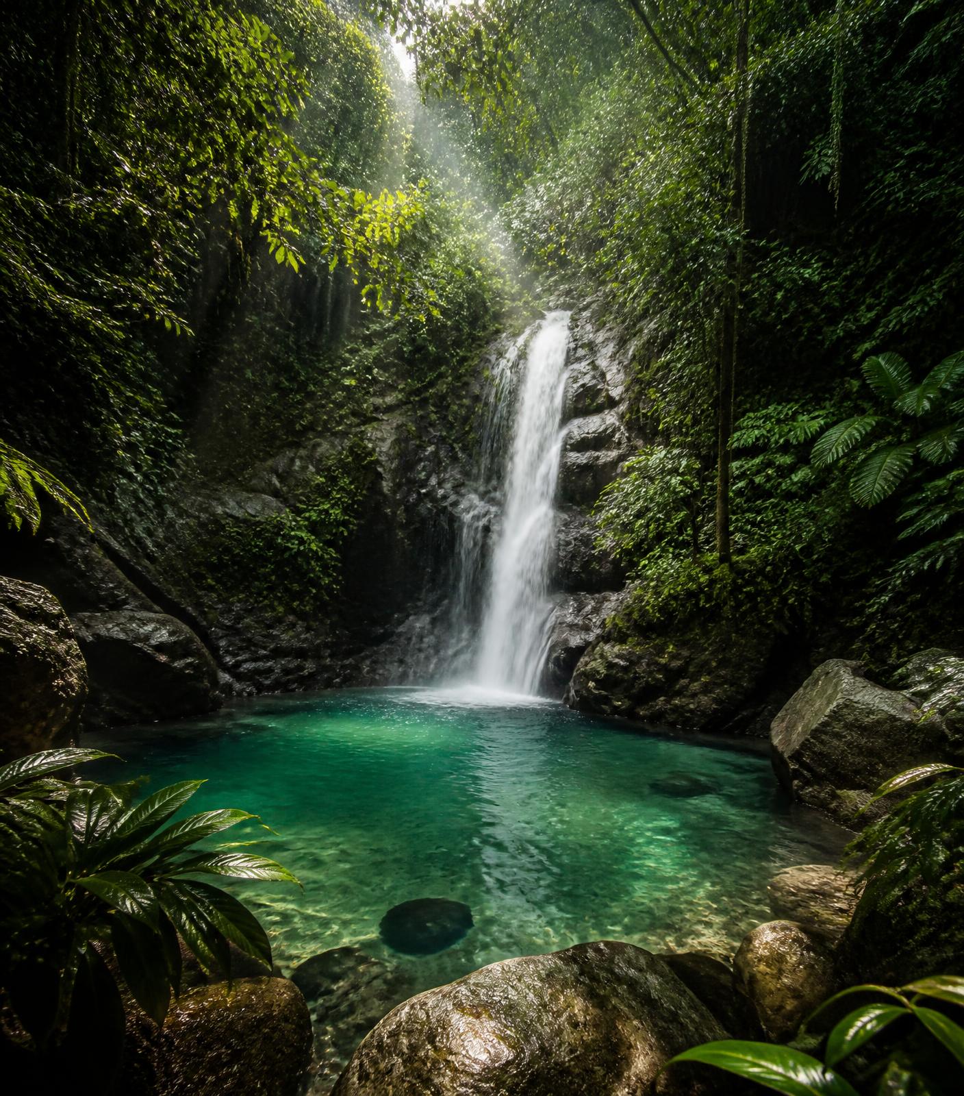 Tropical waterfall falling into a jade pool surrounded by jungle