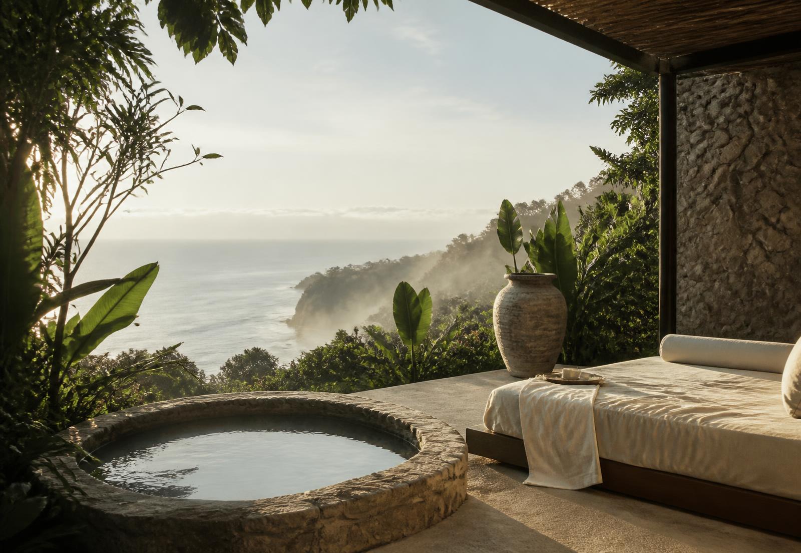 Outdoor wellness terrace with a stone plunge pool overlooking the ocean at sunrise